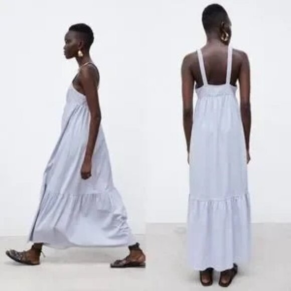 Zara Women's Strappy 100% Cotton Maxi Dress Gathered Front Light Blue Size S - Picture 10 of 16